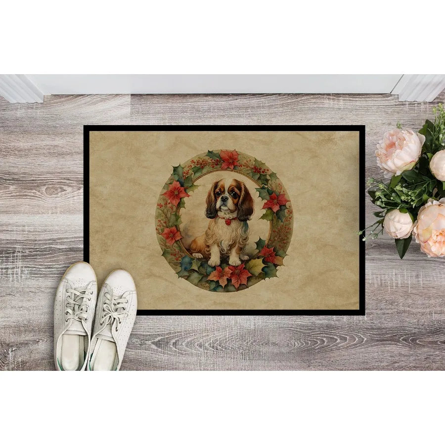 English Toy Spaniel Christmas Flowers Doormat Front Door Mat Indoor Outdoor Rugs for Entryway Non Slip Washable Low Pile 24H X