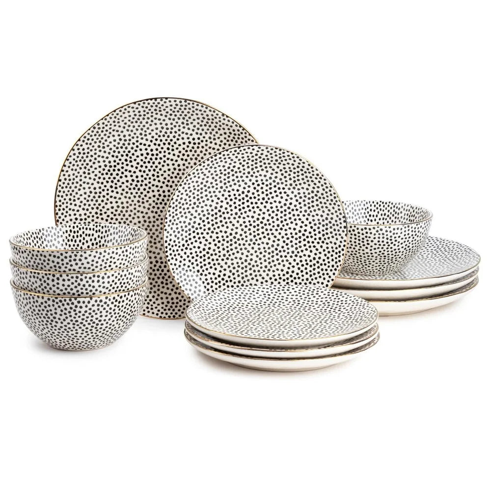 12 Piece Dinnerware Set Stoneware Black White Dot Dishwasher Microwave Safe Dinner Plates Salad Bowls Complete Dining Collection