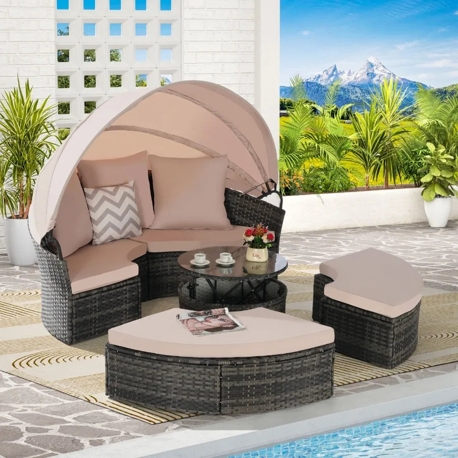 5 Pieces Outdoor Patio Round Daybed Furniture Wicker Conversation Set with Retractable Canopy Soft Cushions and Storable Table