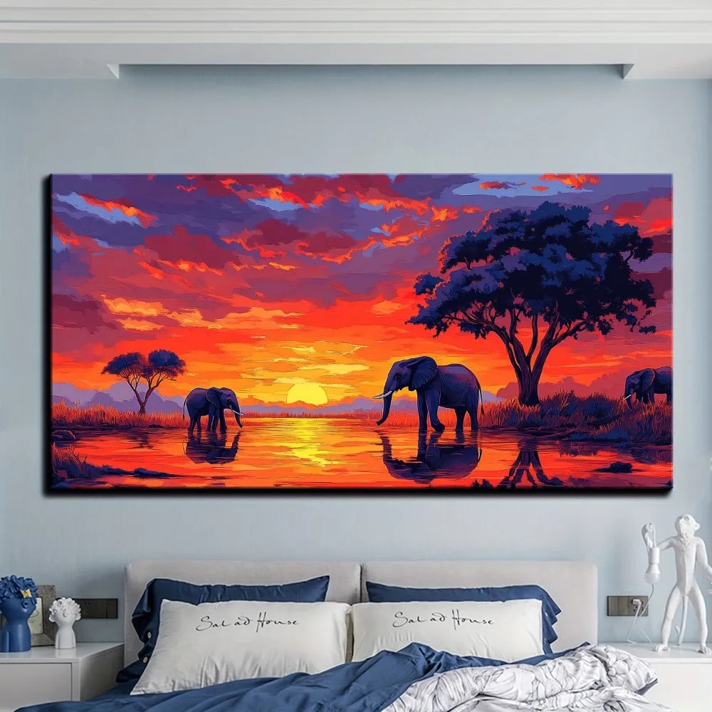 Framed African Sunset Elephant Canvas Art Wildlife Decor