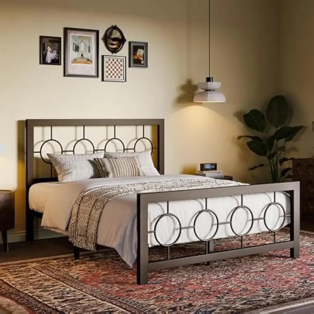 Full Size Bed Frame with Vintage Circular Design Headboard and Footboard, No Box Spring Required, Easy Assembly, Noise-Free