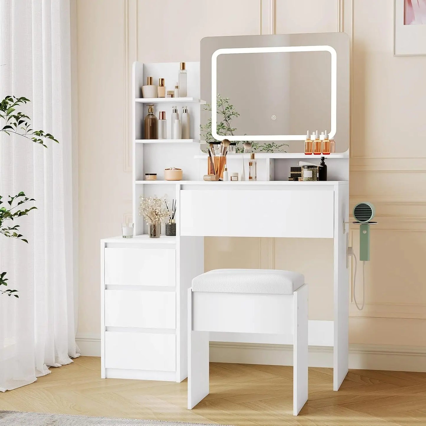 Vanity Desk with Mirror and Lights, Makeup Vanity with Adjustable Lights, Power Outlet & Storage Dressing Table with Mirror