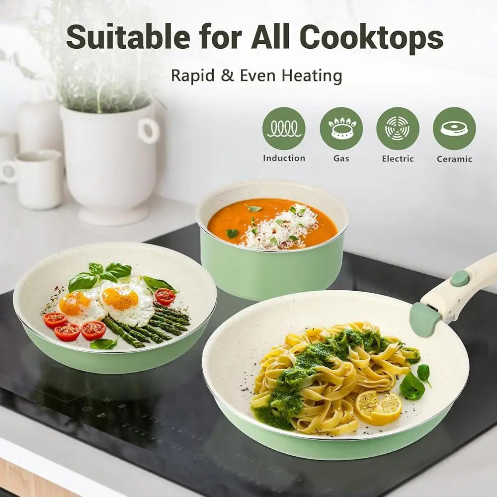 Nonstick Induction Cookware Set 8pcs Pots Pans Granite Removable Handle Cooking Tool Stackable Kitchenware Easy Clean