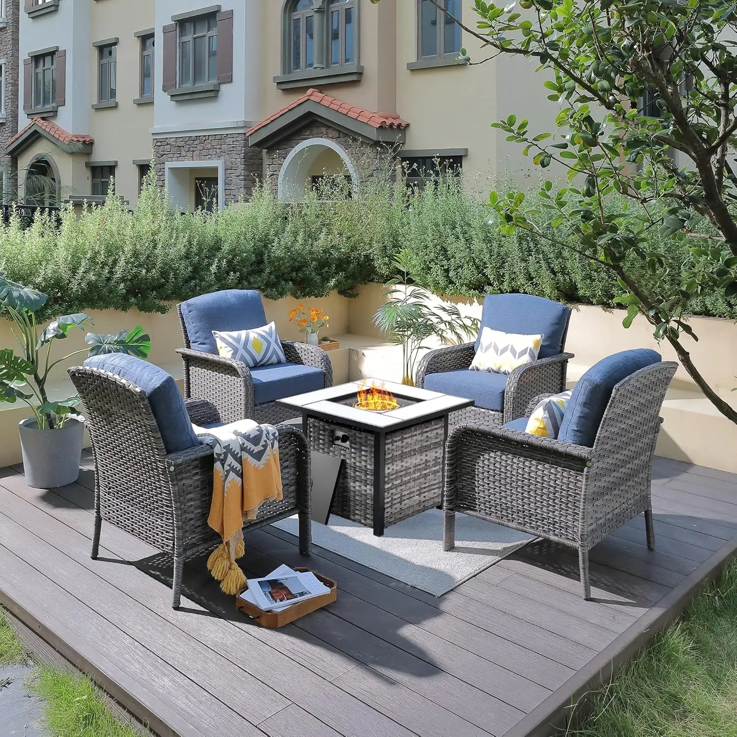 4 Pieces Patio Furniture Set with 30" Fire Pit Table, Outdoor Wicker Chairs of 4, All Weather High Back Rattan Chairs 4-Seater w