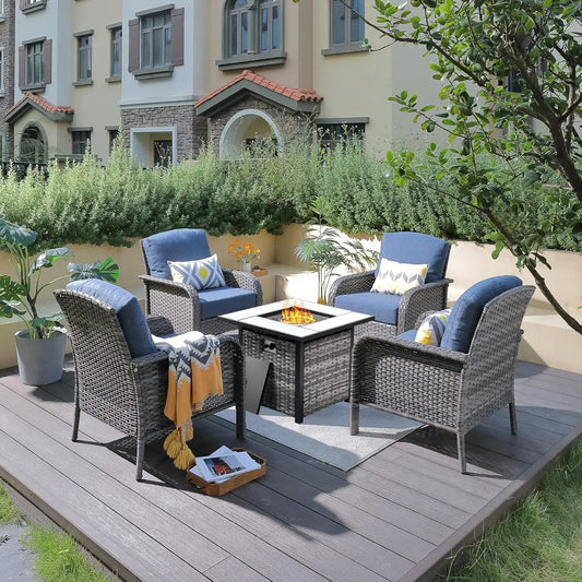4 Pieces Patio Furniture Set with 30" Fire Pit Table, Outdoor Wicker Chairs of 4, All Weather High Back Rattan Chairs 4-Seater w