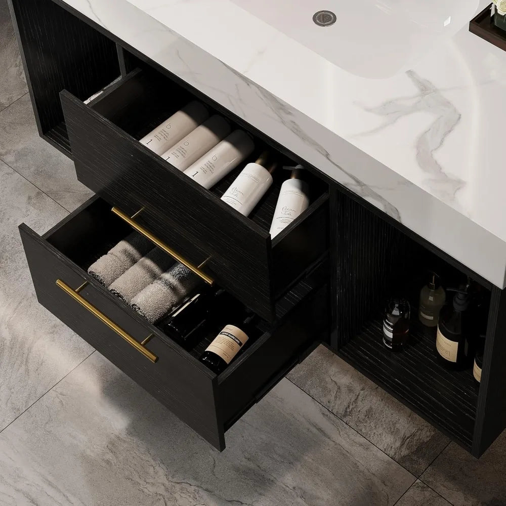 40 inch Modern Floating Bathroom Vanity with Sink, Wall Mounted Bathroom Cabinet with Ceramic Sink, Sintered Stone Countertop