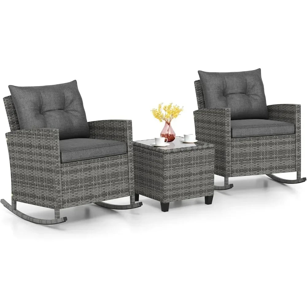 3 Piece Patio Furniture Rocking Bistro Set, Wicker Outdoor Rocking Chairs & Glass Table, PE Rattan Conversation Set