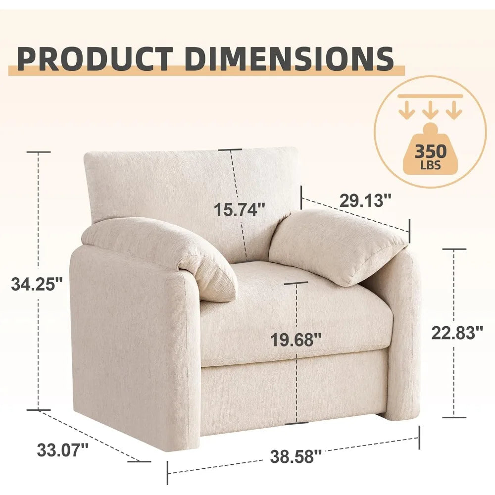 Chenille Oversized Armchair, 38.6" Wide Accent Chairs for Living Room & Bedroom Modern Lounge Chair, Upholstered Mid-Century Rea