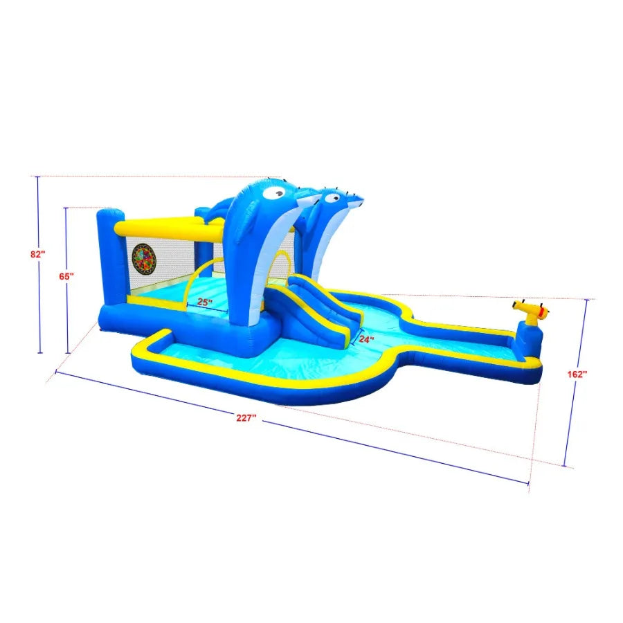 6 in1 Inflatable slide water park trampoline bouncing house outdoor garden with Dolphin sprinkler Target games Water gun Basket