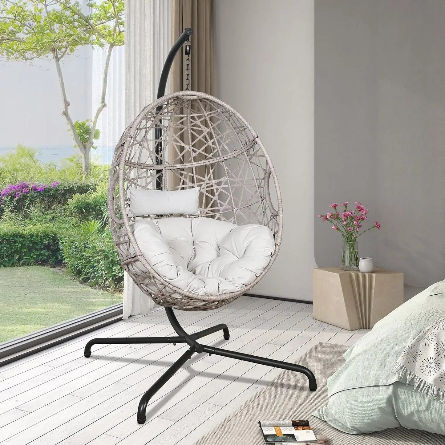 Patio Wicker Egg Hanging Chair, Outdoor Rattan Hammock Swing Chair with Stand and Cushion for Bedroom Balcony Garden