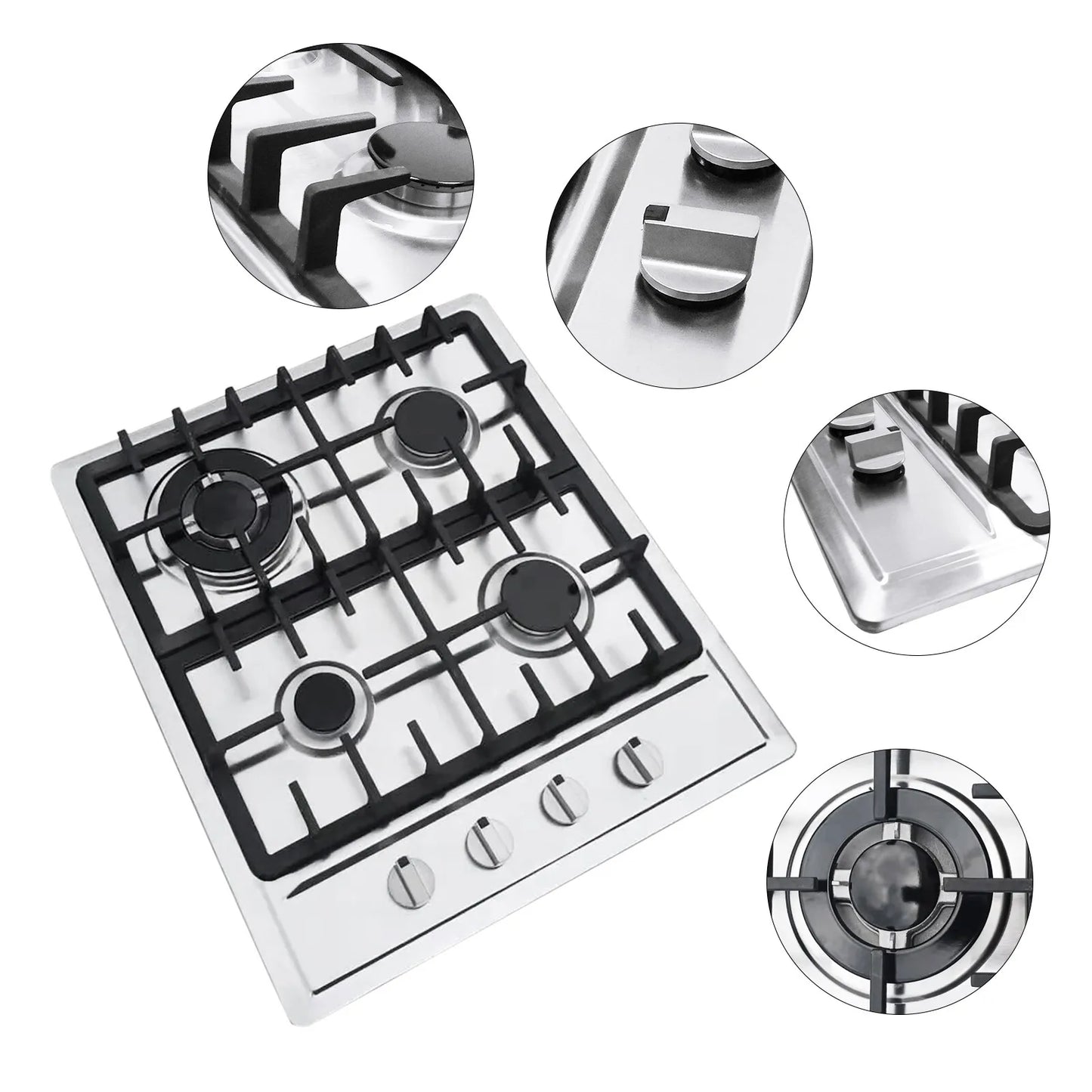 Gas Cooktops 4 Burner Gas Stove Top Drop-In Ng/Lpg Convertible 24 Inch Stainless Steel Gas Cooker with Thermocouple Protection