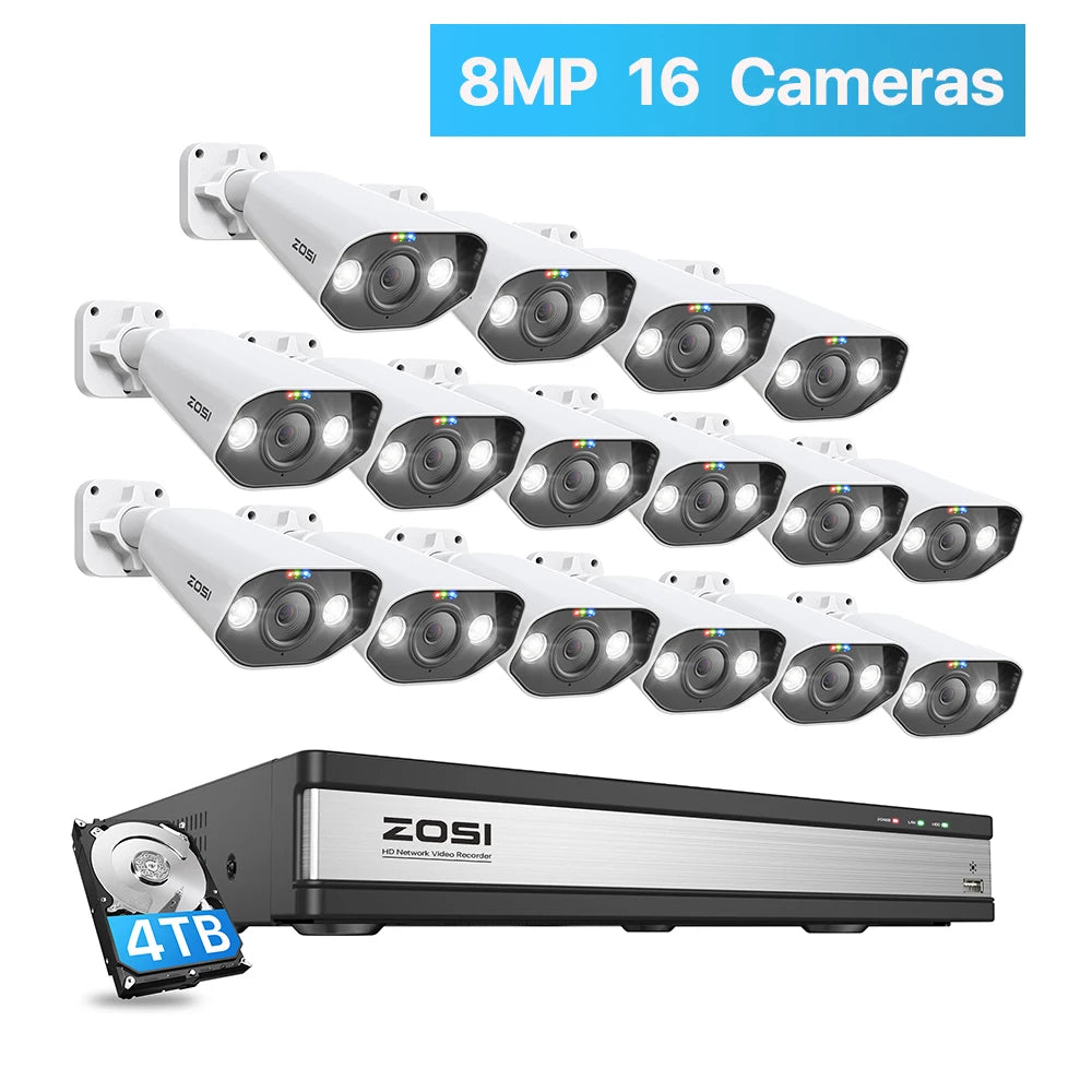 ZOSI 16CH 4K PoE Home Security Camera System 8MP NVR Set Outdoor Indoor Color Night Vision AI IP Camera Video Surveillance Kit