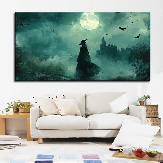 Halloween Moonlight Witch Canvas Poster With Wood Frame
