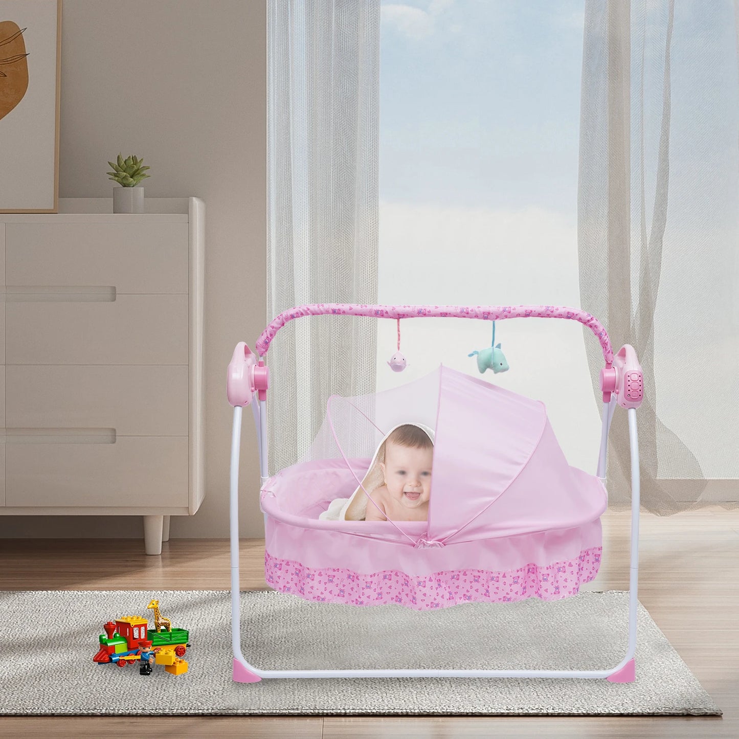 Baby swing with 12 songs, Bluetooth & USB connection, 5 swing speeds, foldable design, energy-saving timer, safety belt, and ant