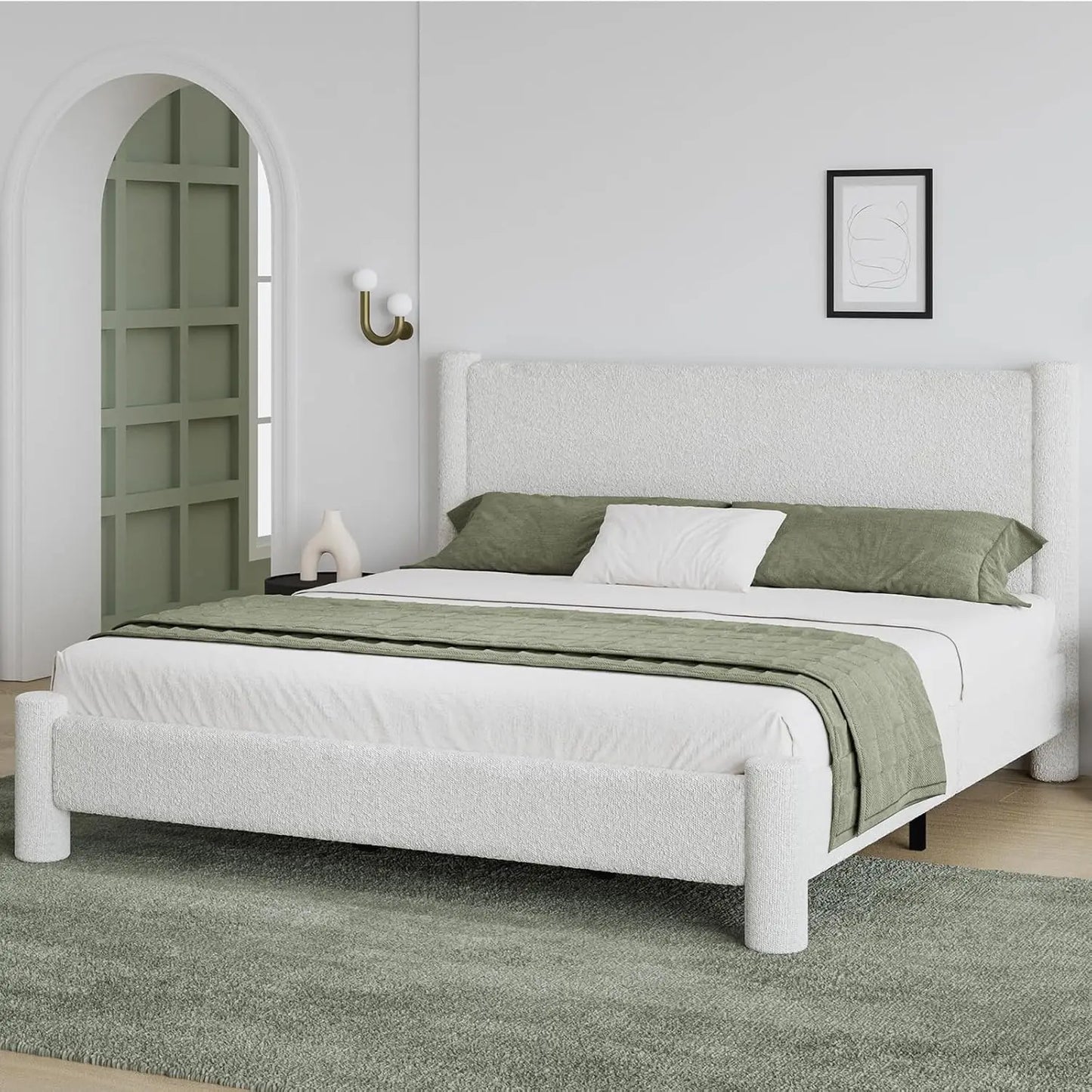 HUANZHUANG Boucle Upholstered Platform Bed Frame Headboard