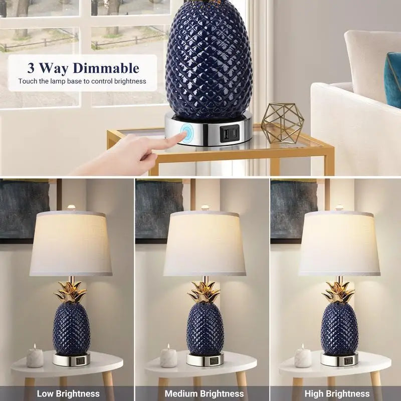 22" Pineapple Table Lamps Set of 2, 3-Way Dimmable Ceramic Lamps for Living Room, Navy Blue Modern Design with USB Port, Tall