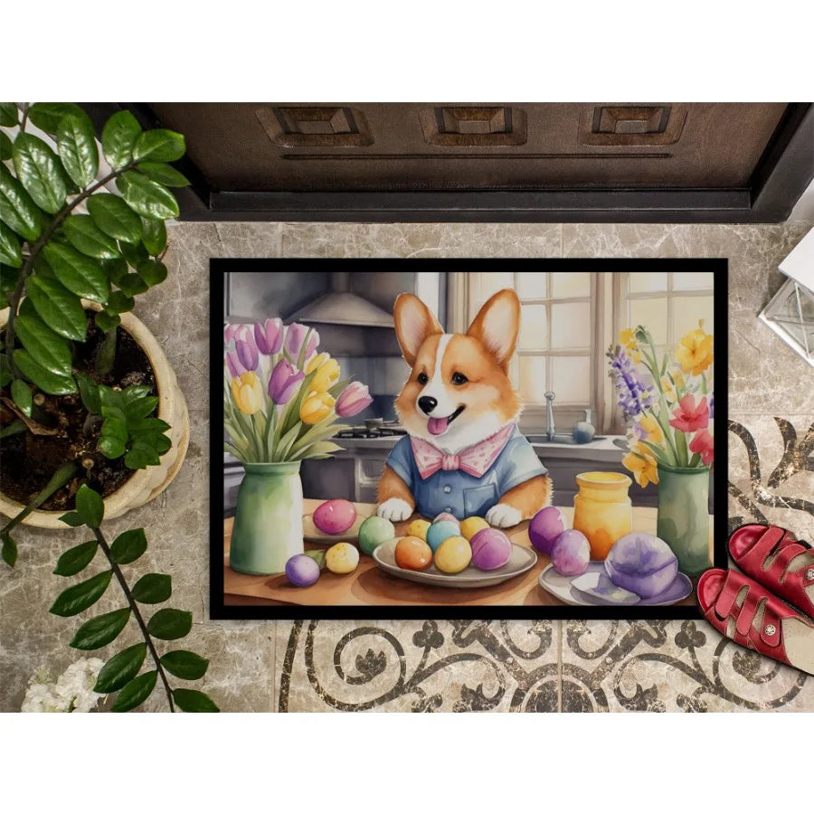 Drating Easter Corgi Doormat Front Door Mat Indoor Outdoor Rugs for Entryway Non Slip Washable Low Pile 24H X 36W