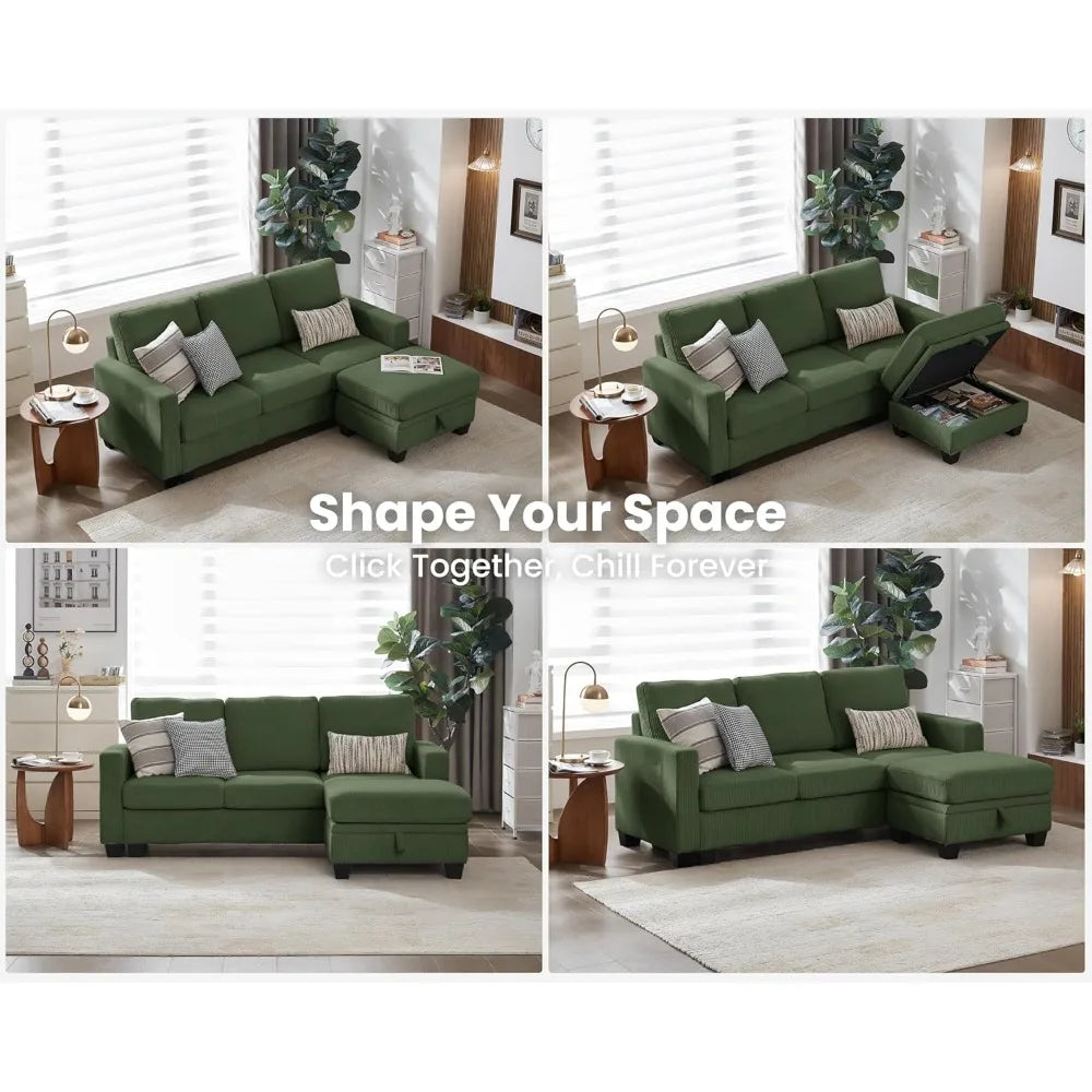 Corduroy Modular Sectional Couch with Ottoman Chaise, L/U Shaped Sleeper Sofa for Living Room, Apartment, Lounge