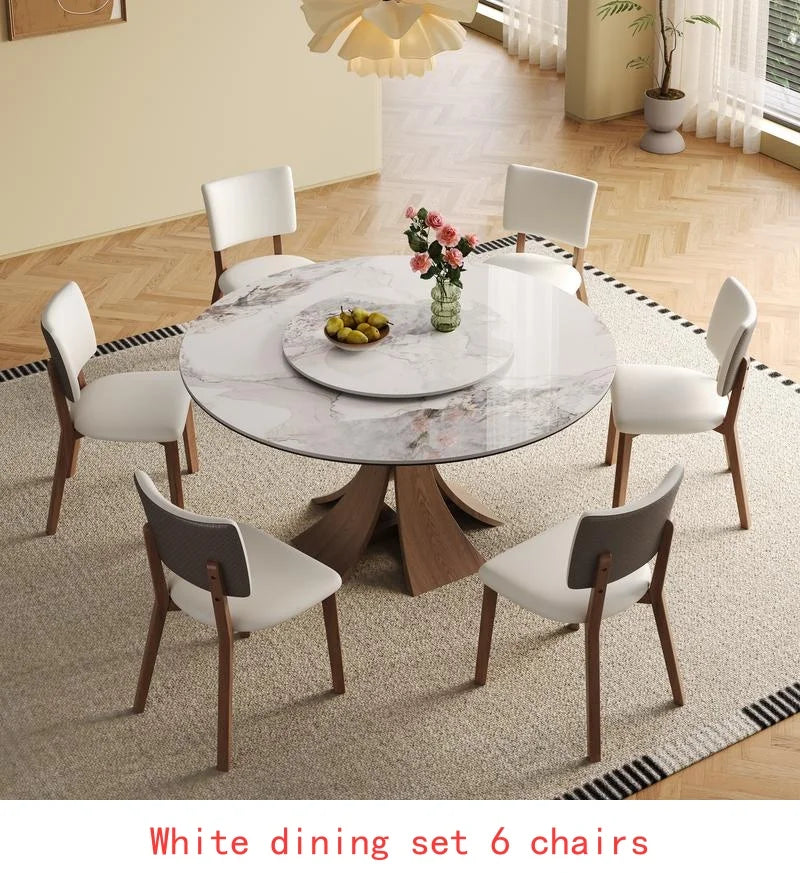 59" Modern Sintered Stone Dining Table Set with 35" Round Turntable, Seats 6-8, Unique Walnut Base, Includes 6 Stylish Chairs