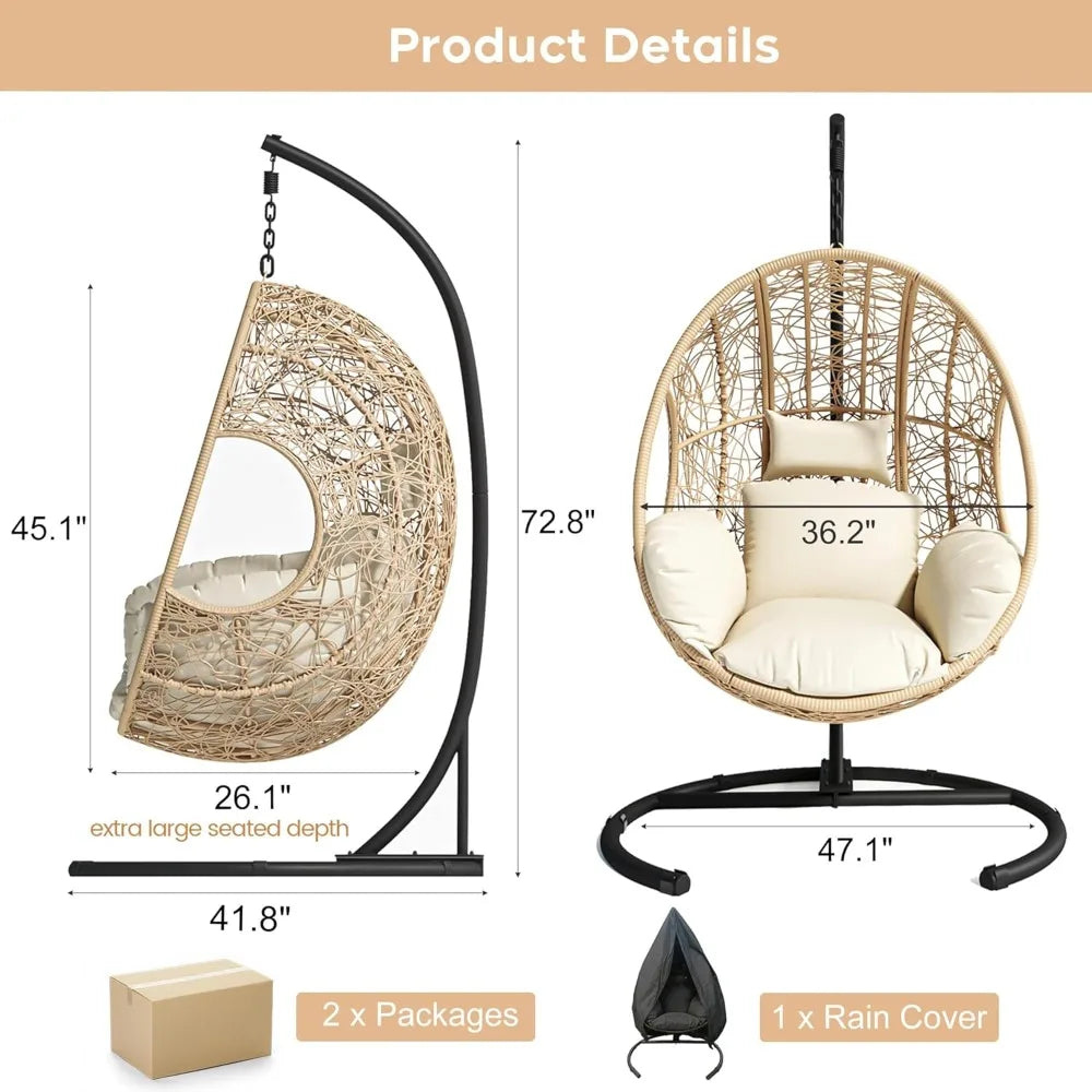 Hanging Egg Chair with Stand, Outdoor Swing Egg Chair with Rain Cover, 400 LBS Capacity All-Weather PE Wicker Swing Chair