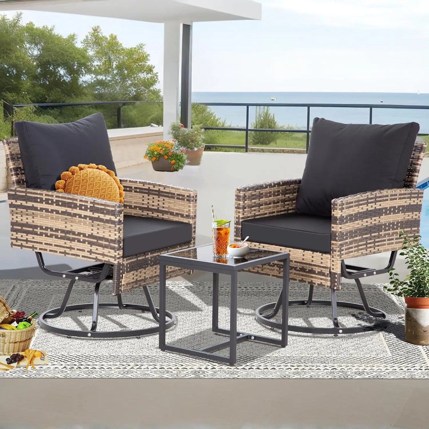3 Pieces Swivel Patio Furniture Set,Outdoor Wicker Bistro Set with Glass Coffee Table and Thick Cushions for Garden, Balcony