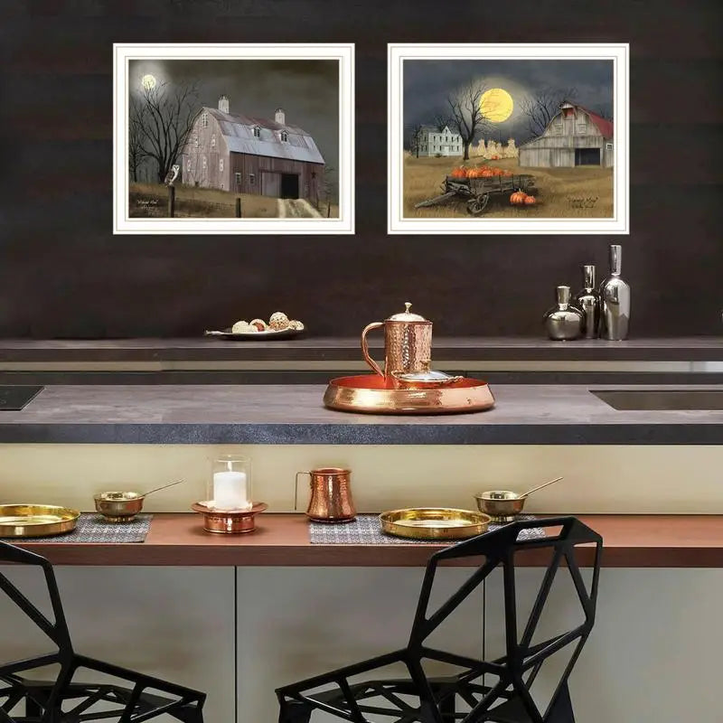Autumn Moonlit Nights 2-Piece Framed Wall Art Print for Living Room and Bedroom Home Decor