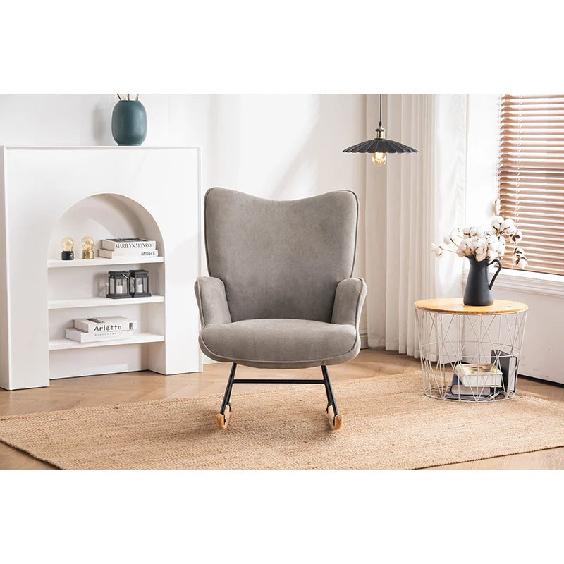 Gray Microfiber Upholstery, Foam-Filled Cushions, Solid Wood Frame, Metal Supports, Wingback Design Adraya Rocking Chair