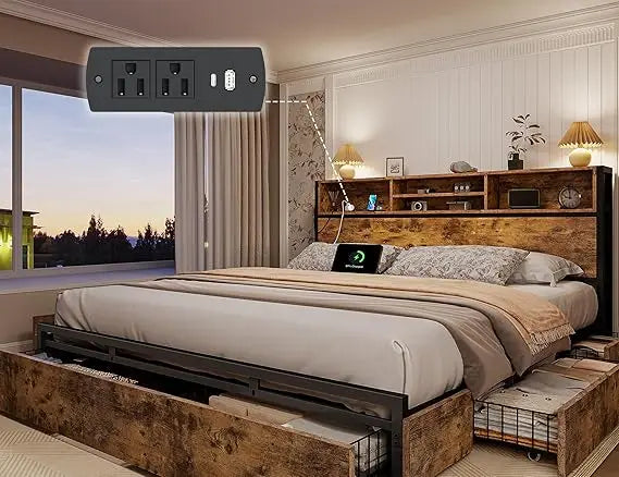 EnHomee King Size Bed Frame with 6 Storage Drawers King Bed Frame and Headboard, Storage Bed with Charging Station, No Noise,No