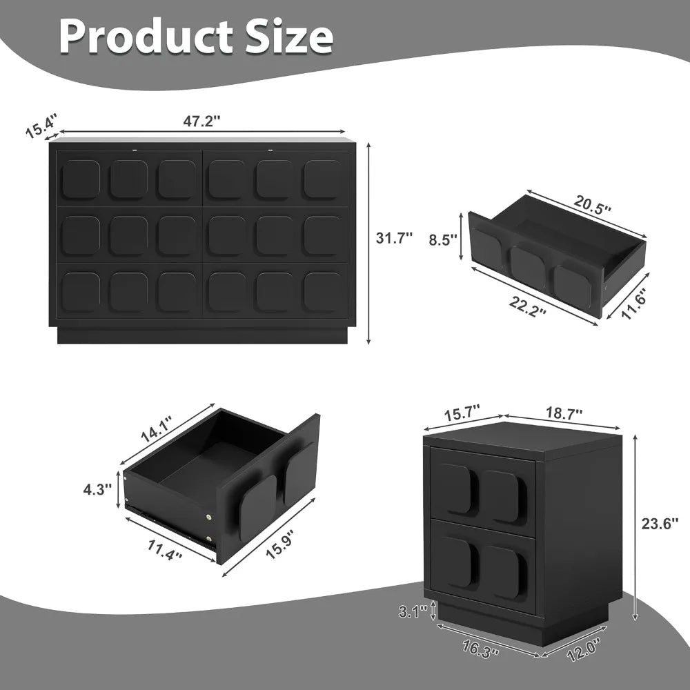 3 Pcs Bedroom Sets, Large 6 Drawer Dresser and Night Stand Sets for Bedroom with Chocolate Handle, Two Drawers Nightstand Set o