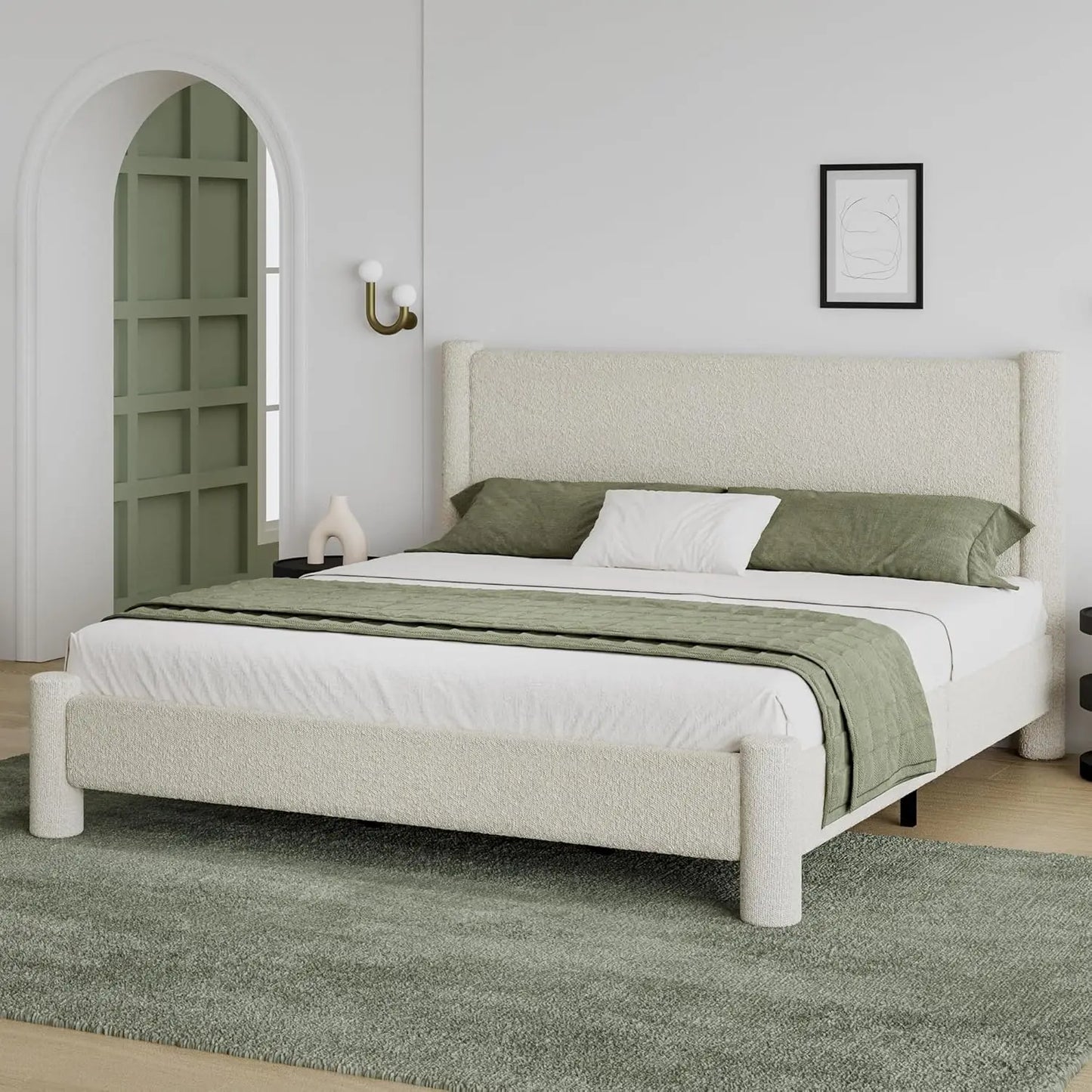 HUANZHUANG Boucle Upholstered Platform Bed Frame Headboard