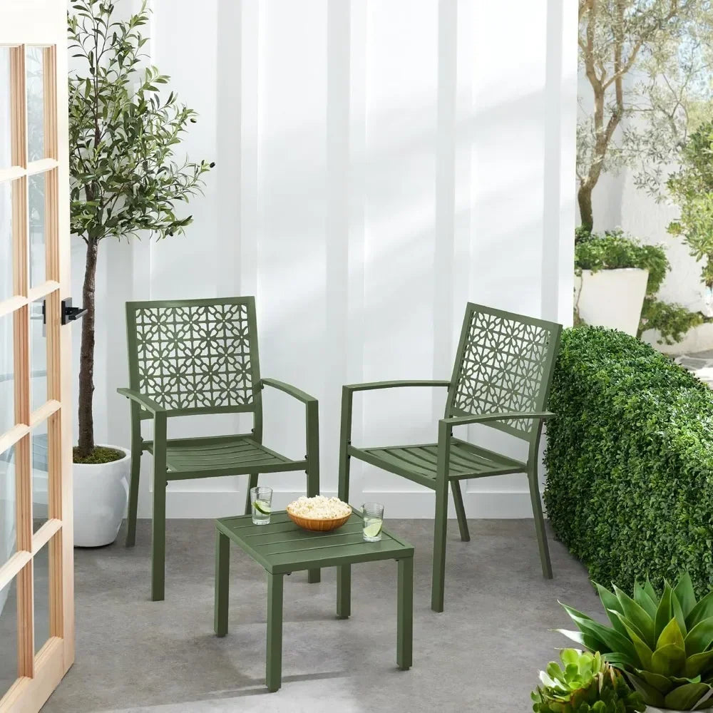 3-Piece Outdoor Bistro Set, Stackable Modern Steel Furniture for Porch, Garden w/ 2 Chairs, Table, Geometric Decor