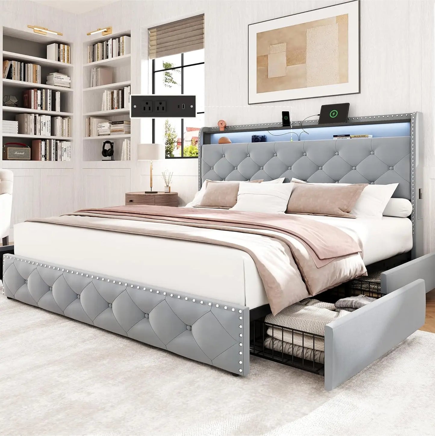 HUANZHUANG Bed Frame With 4 Storage Drawers And USB