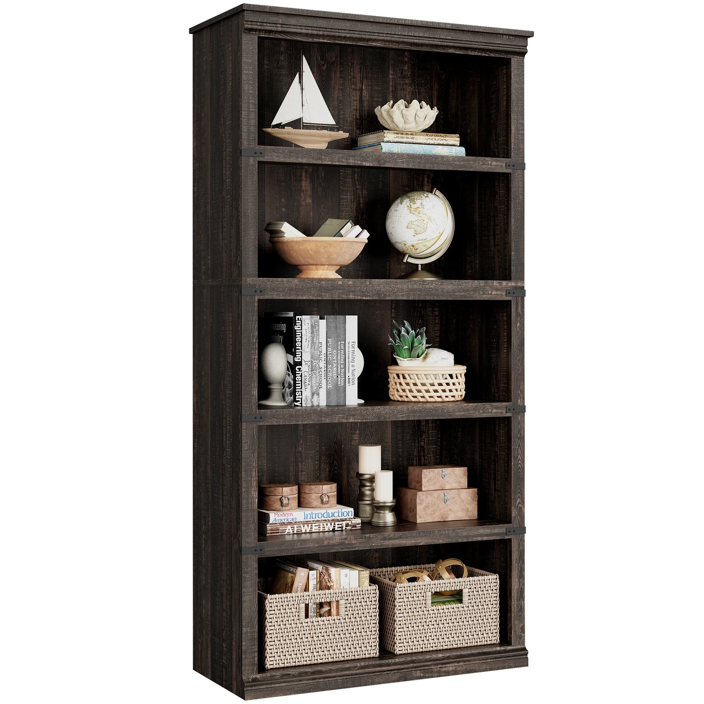 5 Tier Bookcase, Farmhouse Book 3-5 Shelf with Storage Open Display Bookshelves, Home Decor Furniture for Home Office, Bed Room