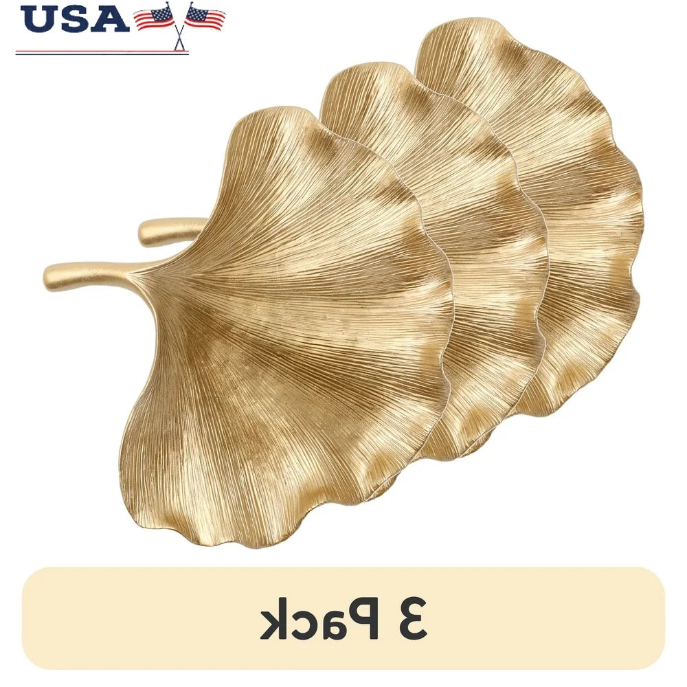 3 Pack Gold Leaf Shaped Tabletop Trinket Tray Ginko Style Jewelry Storage Decorative Display Accent Indoor Home Decor