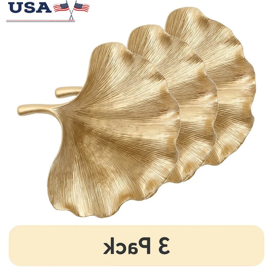3 Pack Gold Leaf Shaped Tabletop Trinket Tray Ginko Style Jewelry Storage Decorative Display Accent Indoor Home Decor