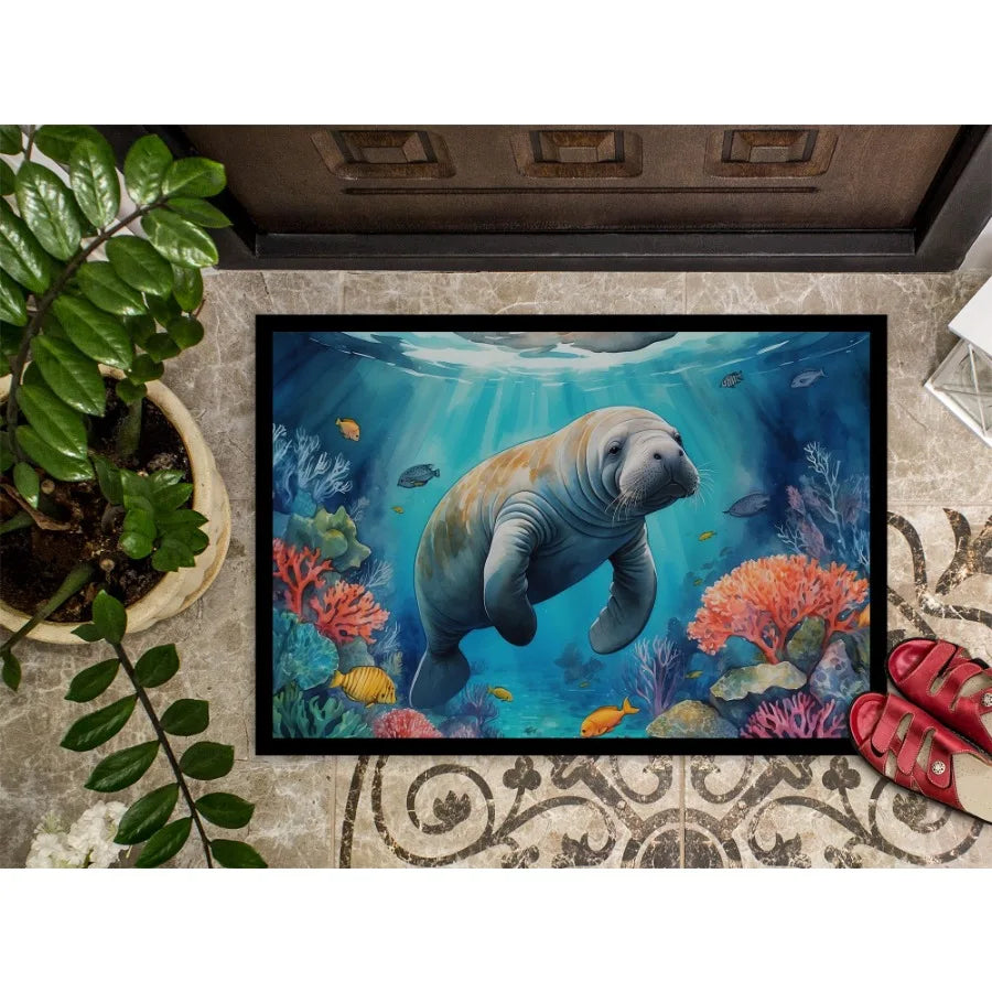 Manatee and Coral Reefs Doormat Front Door Mat Indoor Outdoor Rugs for Entryway Non Slip Washable Low Pile 24H X 36W