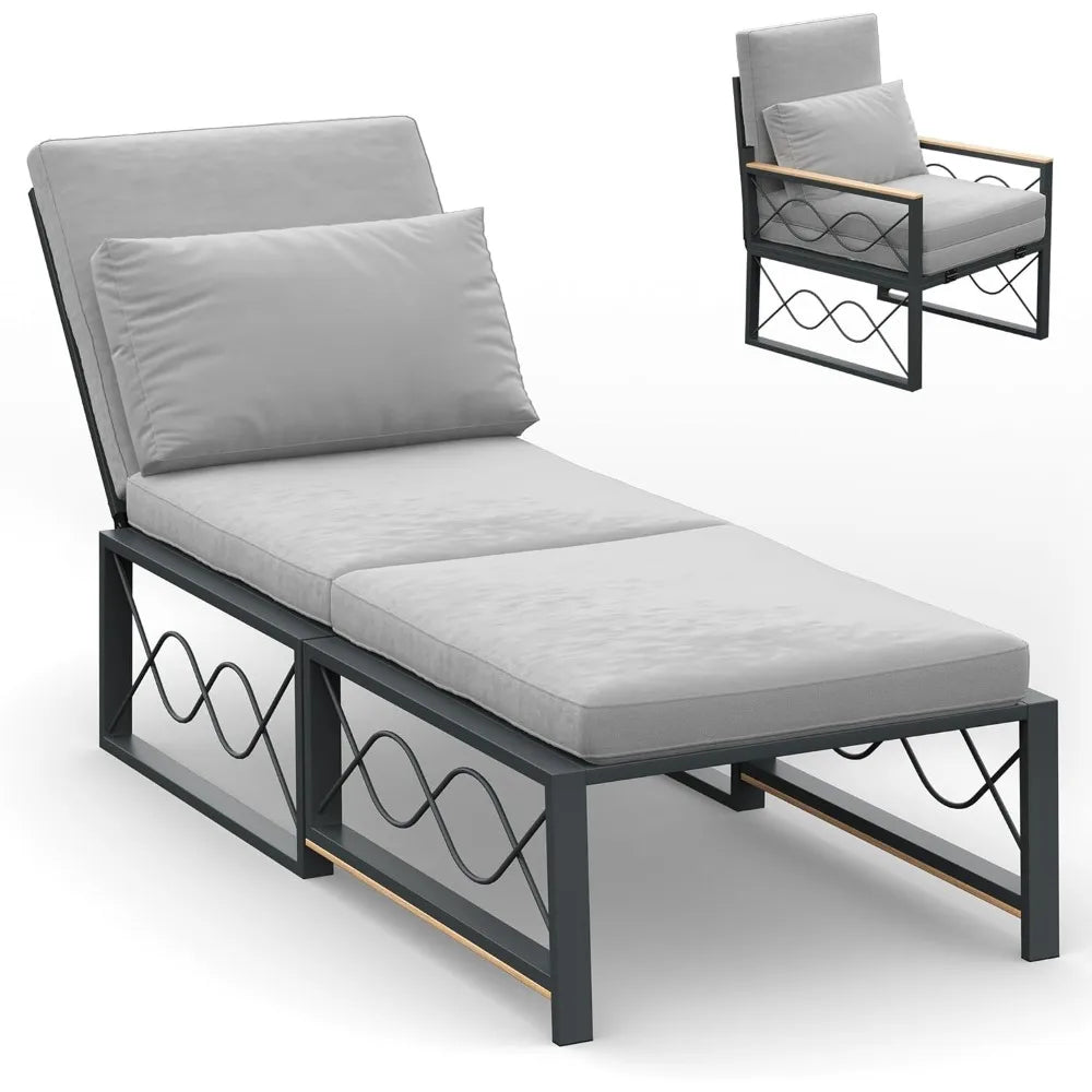 Outdoor Metal Chaise Lounge Chair, Convertible Patio Armchair with Cushions, Adjustable 5-Position Sun Recliner