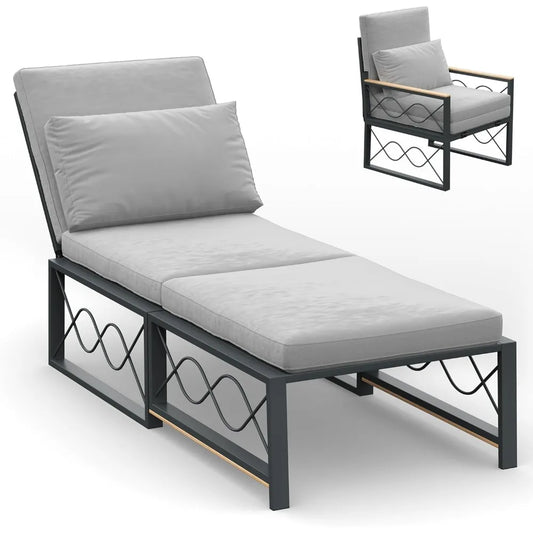 Outdoor Metal Chaise Lounge Chair, Convertible Patio Armchair with Cushions, Adjustable 5-Position Sun Recliner