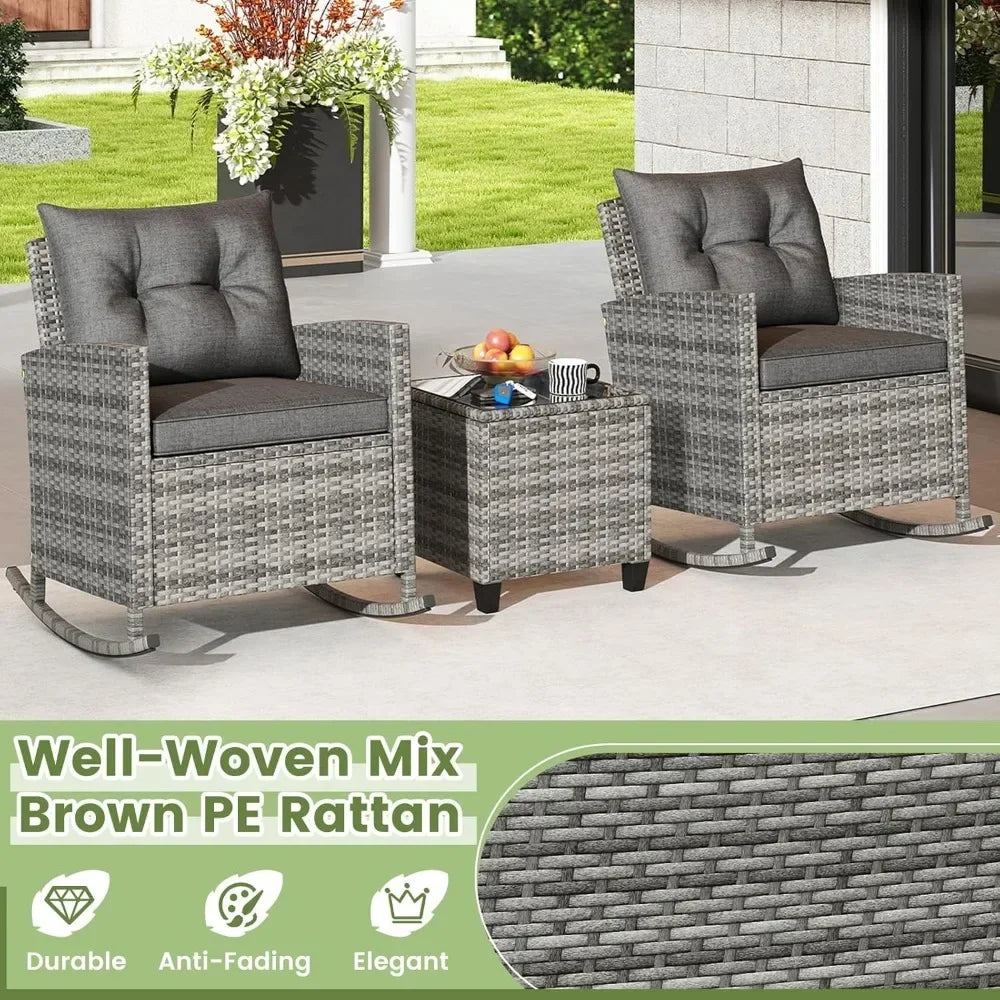 3 Piece Patio Furniture Rocking Bistro Set, Wicker Outdoor Rocking Chairs & Glass Table, PE Rattan Conversation Set
