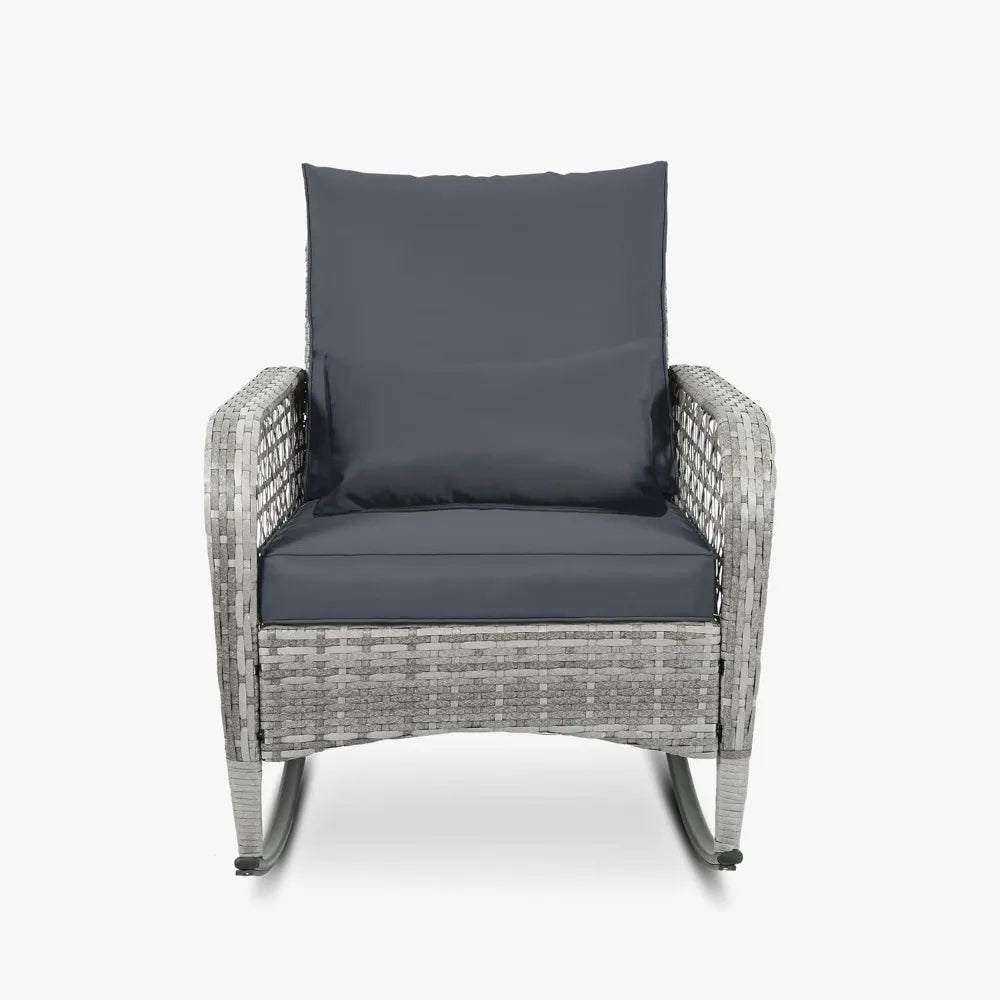 3-Piece Outdoor Furniture Set, Patio Conversation Chair, Wicker Cushioned Patio Rocker with Side Table for Porch, Garde