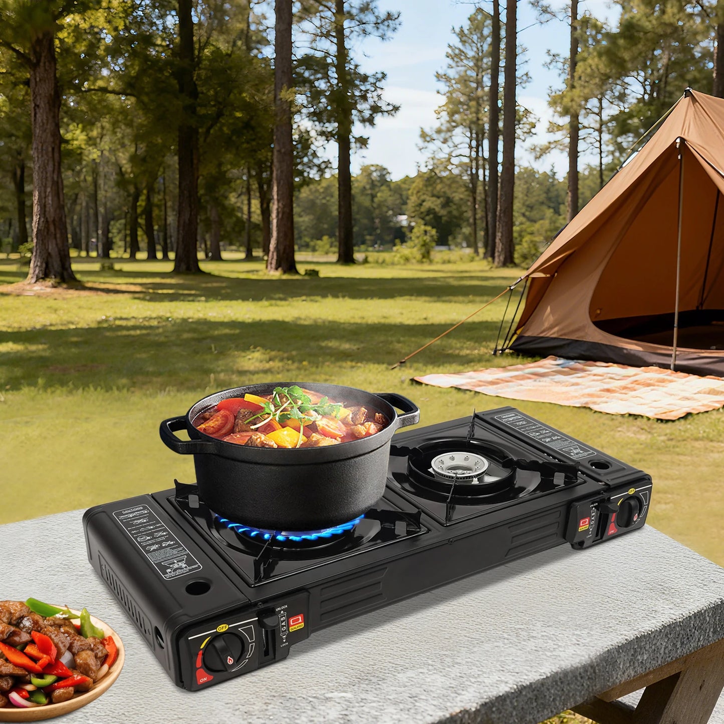 2-Burner Camping Stove Portable Gas Stove Kit Picnic Baking Tray Camping Grill Outdoor Cooking Stove with Carrying Burner LPG