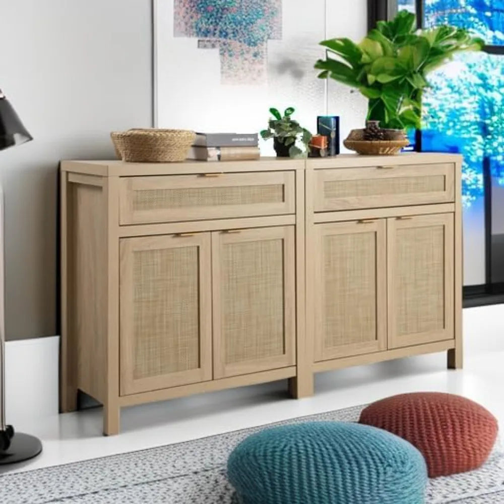 Sideboard Buffet Storage Cabinet Set of 2, Rattan Credenza Buffet Table, Bohemian Organizer w/ Glass Doors & Adjustable Shelves