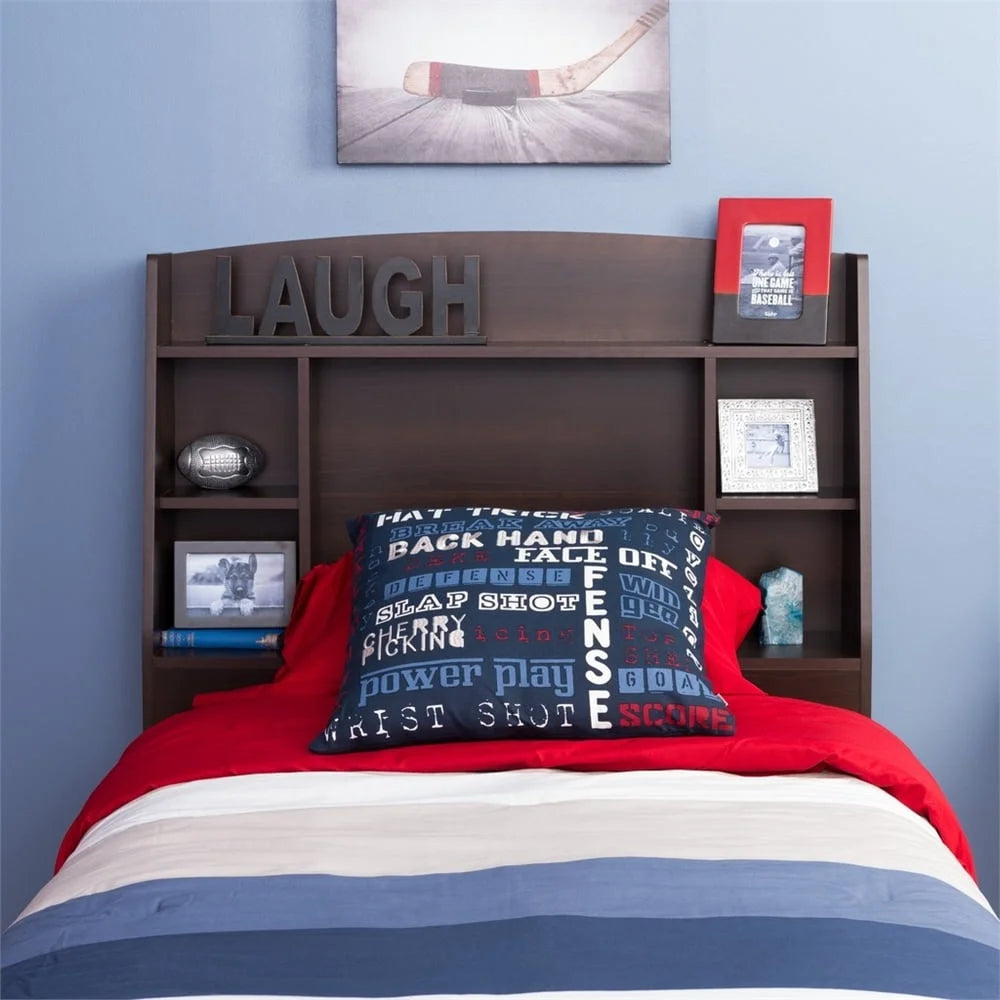 Twin Bookcase Headboard Espresso Solid Wood Storage Compartments Space Saving Bedroom Furniture Assembly Required