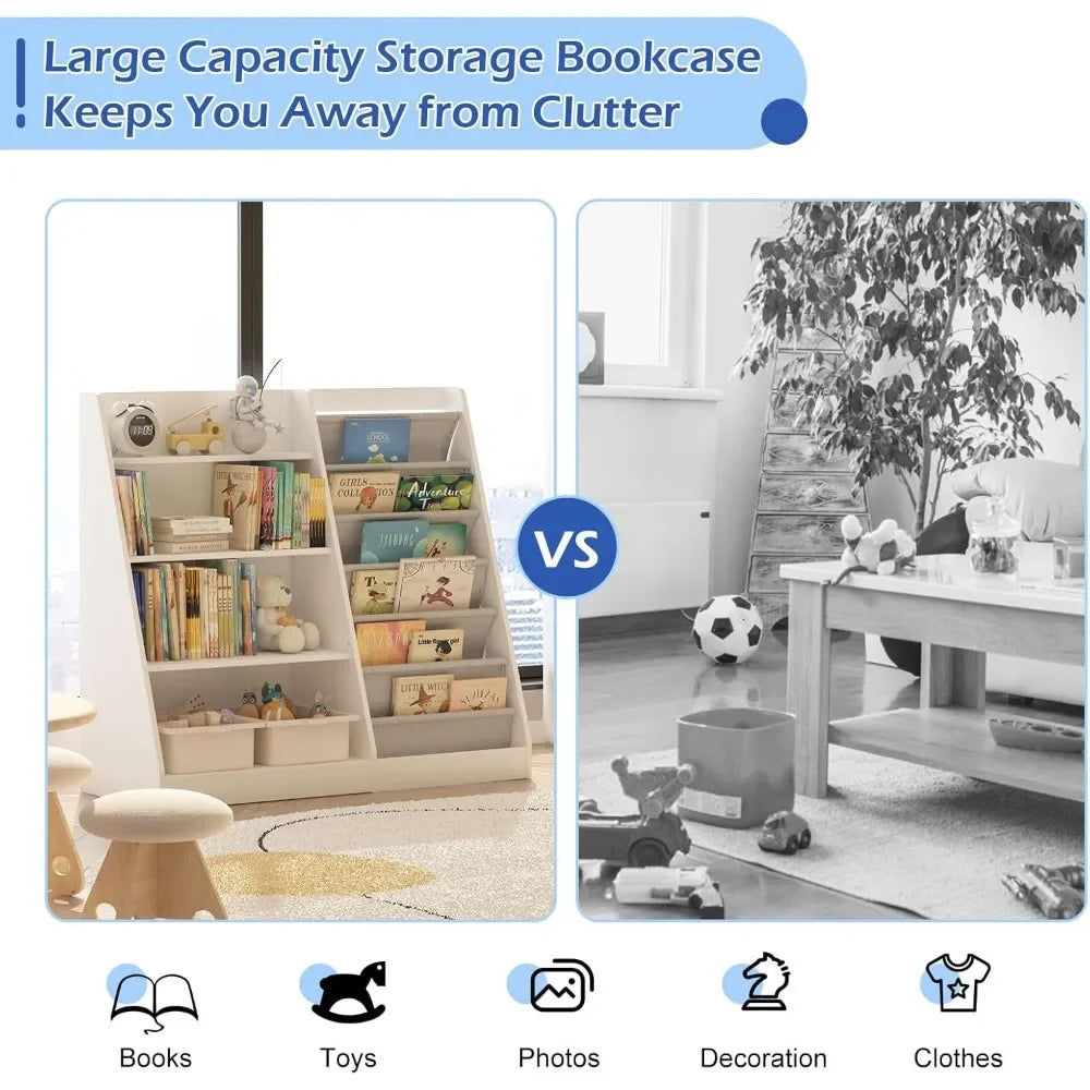 White Kids Bookshelf Wood Toy Storage Organizer Cabinet Children Bookcase Toddler Baby Sling Book Rack Adjustable Shelf
