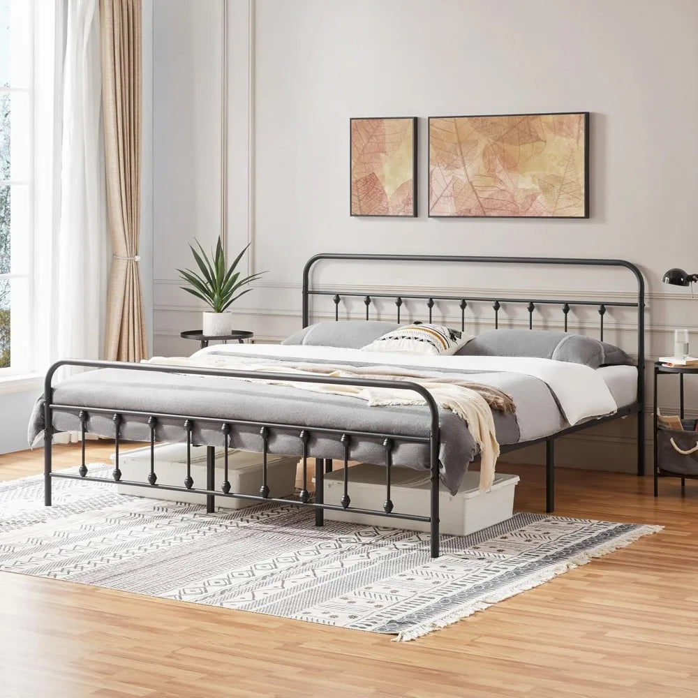 Classic Metal Platform Bed Frame Mattress Foundation with Victorian Style Iron-Art Headboard/Footboard/Under Bed Storage