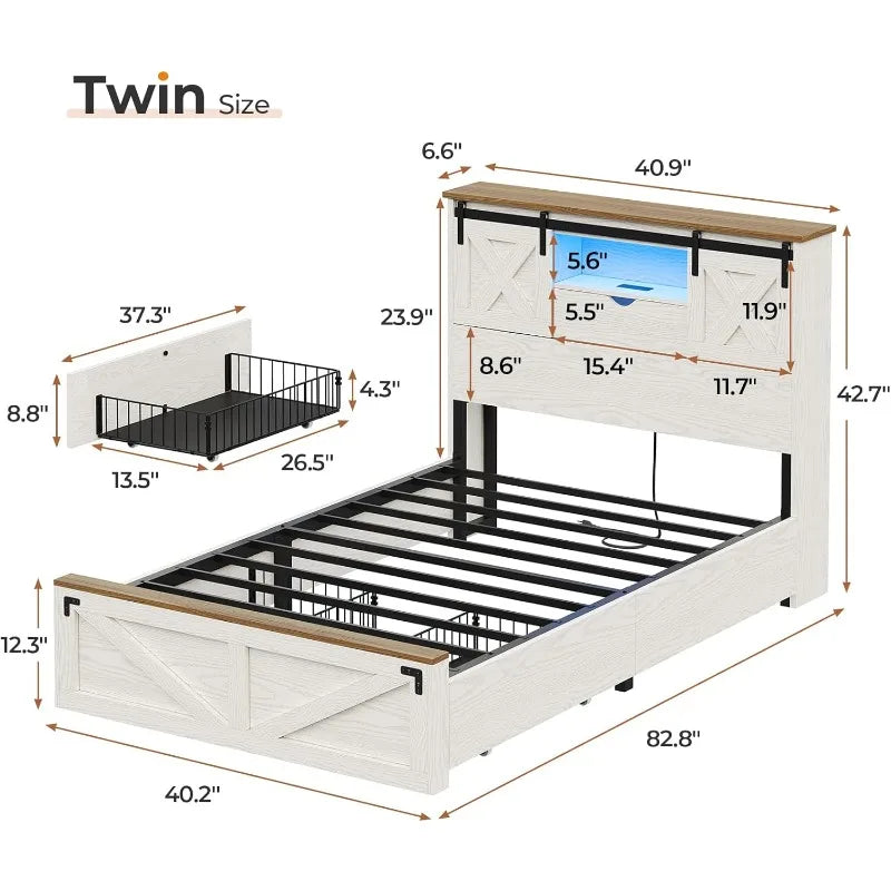 Hasuit Farmhouse Bed Frame Twin Size 2 Storage Drawers, Wooden Platform Twin Bed LED Lights Charging Station, Rustic Accent