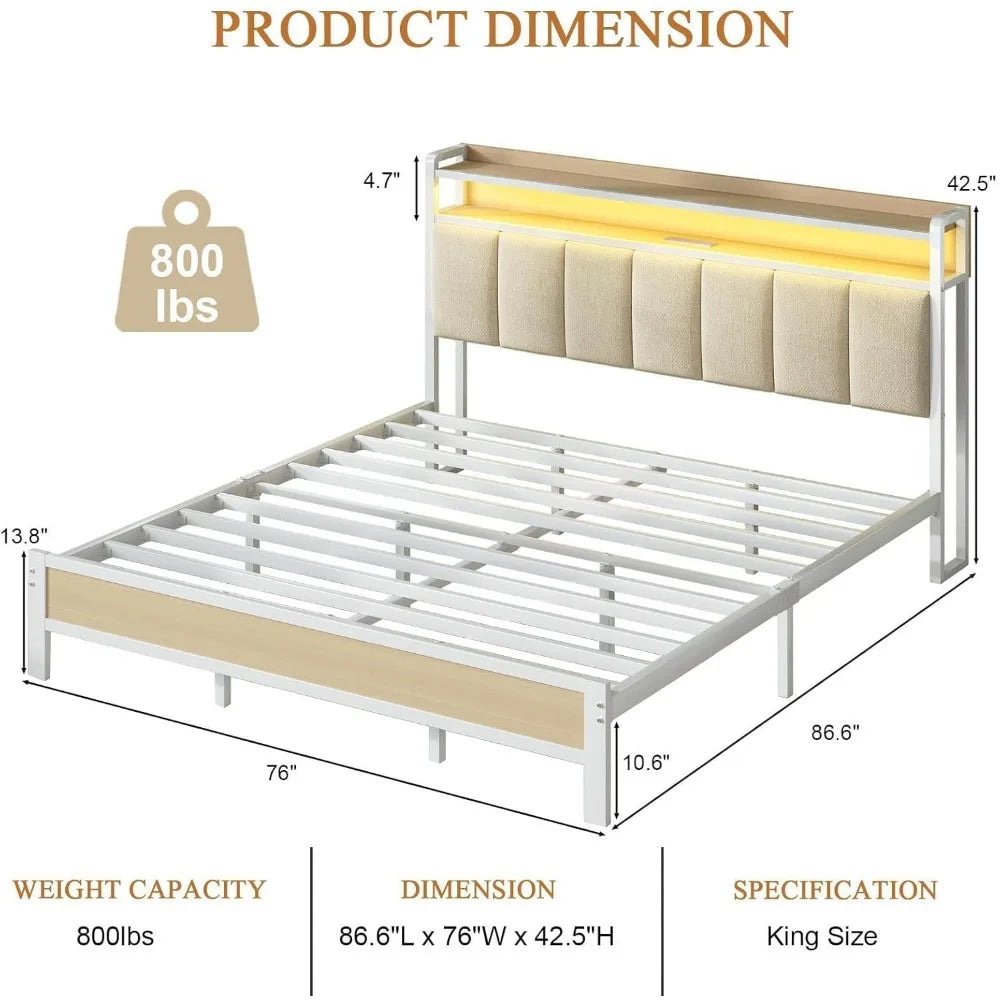 ANGDUO Bed Frame With Storage Headboard And LED Lights