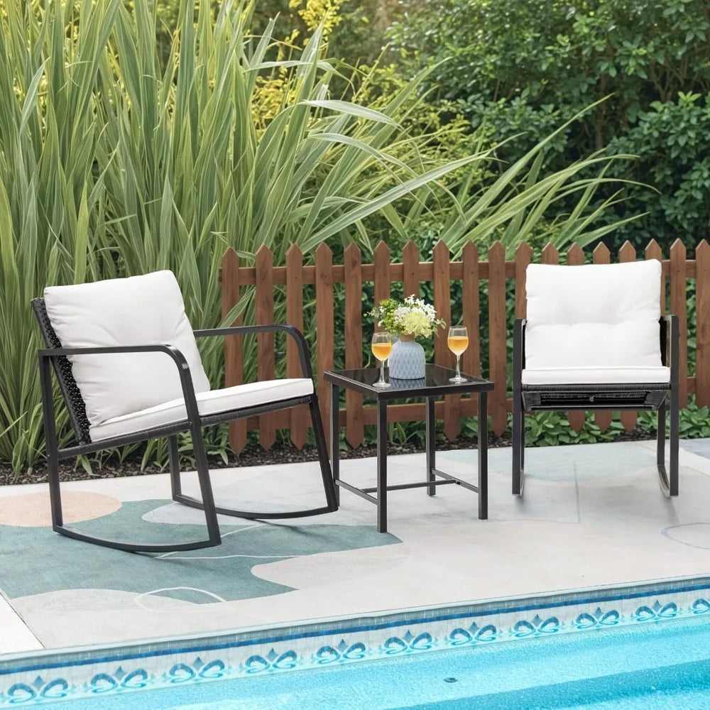 3 Pieces Rocking Wicker Bistro Set, Patio Outdoor Furniture Conversation Sets with Porch Chairs and Glass Coffee Table