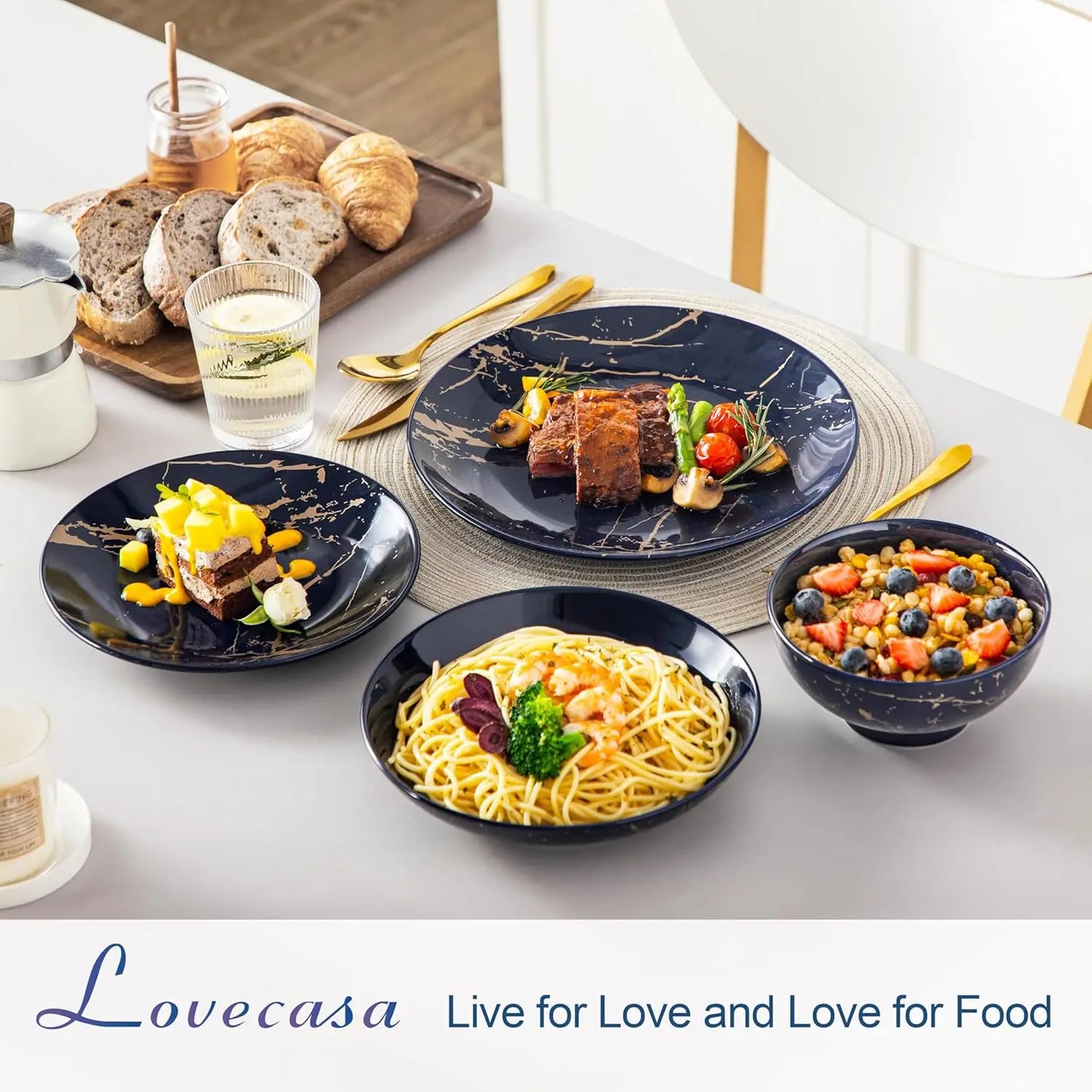 Plates and Bowls Sets for 6, 24 Pieces Porcelain Dinnerware Sets, Dark Blue and Gold Dish Set Gold Splash Dishware Sets, Dishwas