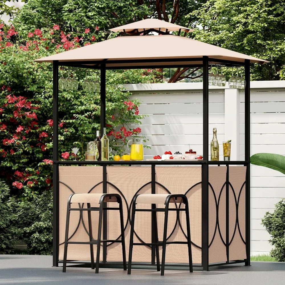 3-Piece Patio Bar Set, Grill Gazebo & 2 Bar Stools with Tempered Glass Bar Table, Metal Storage Shelves, Glass Holders, Double-